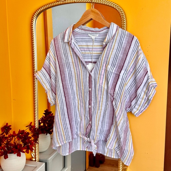 beachlunchlounge Multicolor Linen Striped Button-Down Shirt LARGE NWT - Picture 1 of 8